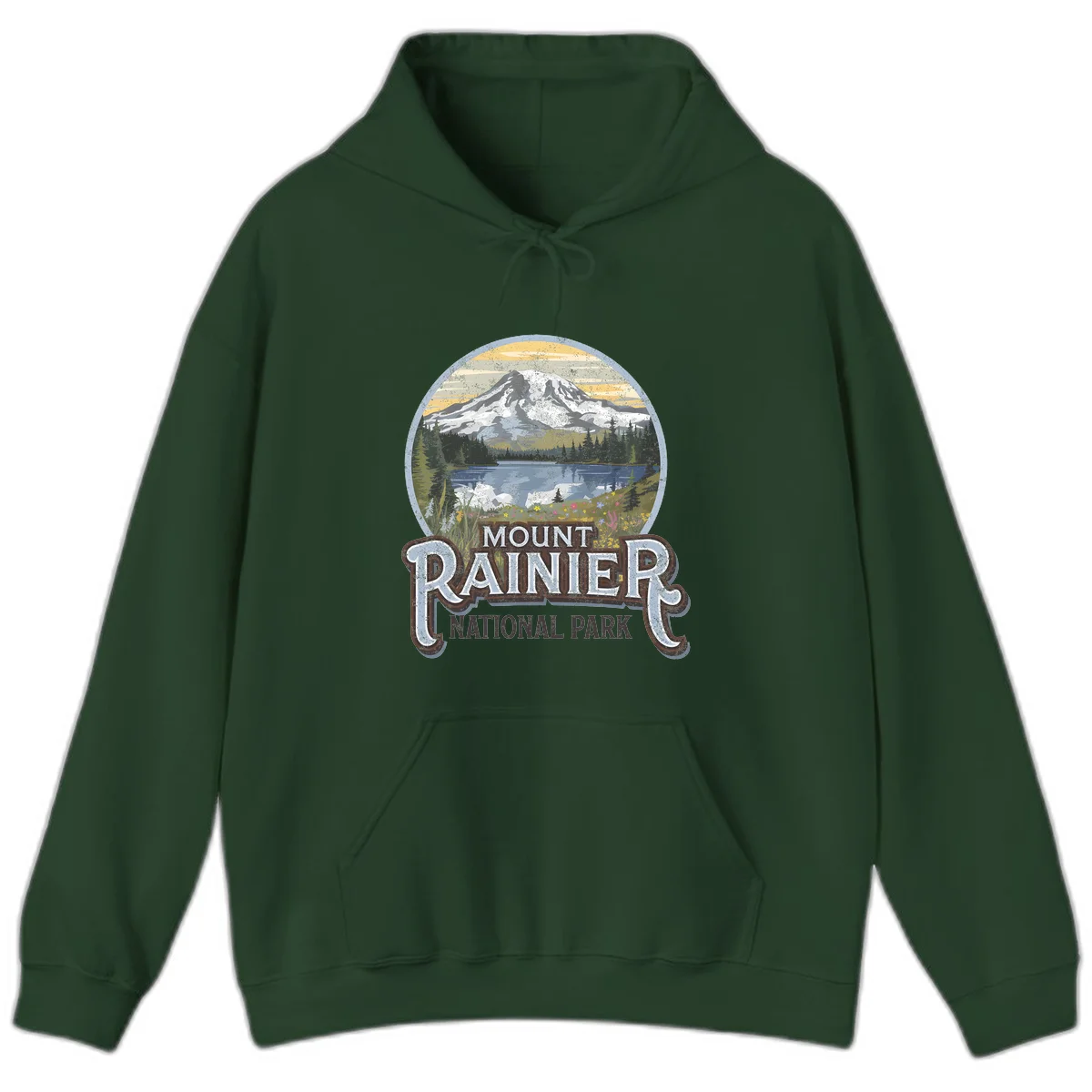 Vintage Mount Rainier National Park badge design with snow-capped peak, alpine lake, evergreen forest, and wildflowers on distressed background in Forest Green