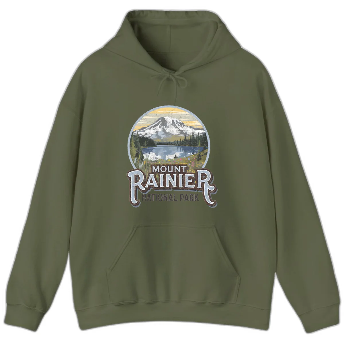 Vintage Mount Rainier National Park badge design with snow-capped peak, alpine lake, evergreen forest, and wildflowers on distressed background in Military Green