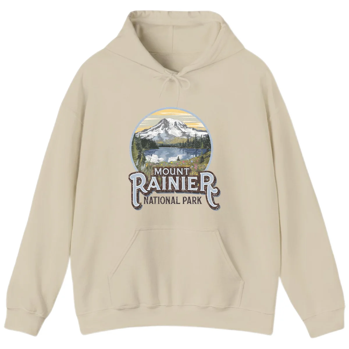 Vintage Mount Rainier National Park badge design with snow-capped peak, alpine lake, evergreen forest, and wildflowers on distressed background in Sand