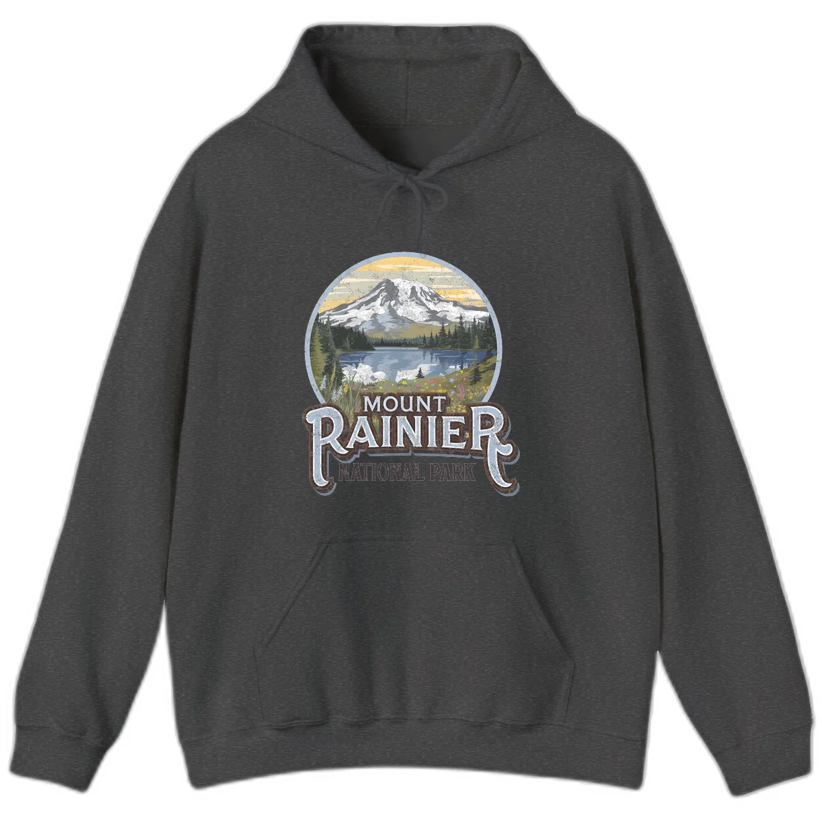 Vintage Mount Rainier National Park badge design with snow-capped peak, alpine lake, evergreen forest, and wildflowers on distressed background in Dark Heather