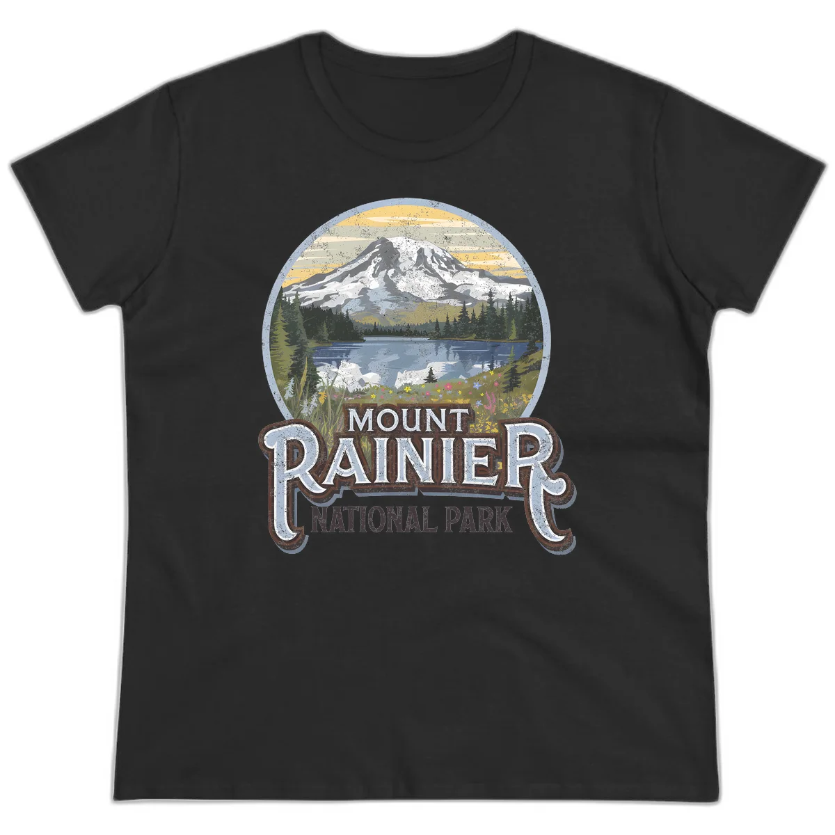 Vintage Mount Rainier National Park badge design with snow-capped peak, alpine lake, evergreen forest, and wildflowers on distressed background in Black