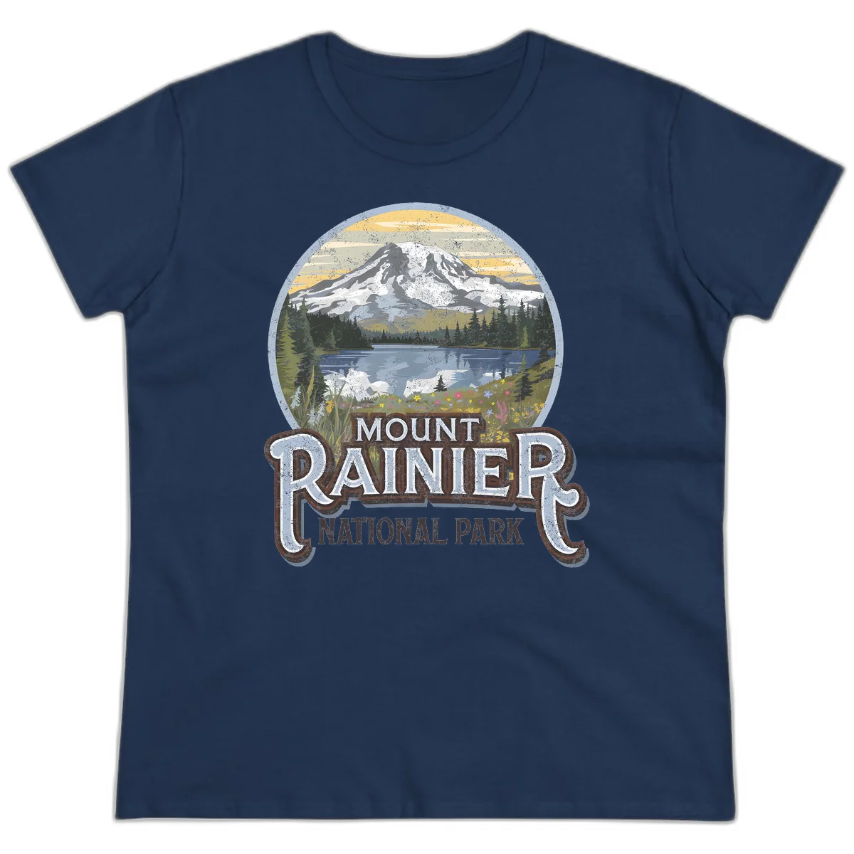 Vintage Mount Rainier National Park badge design with snow-capped peak, alpine lake, evergreen forest, and wildflowers on distressed background in Navy