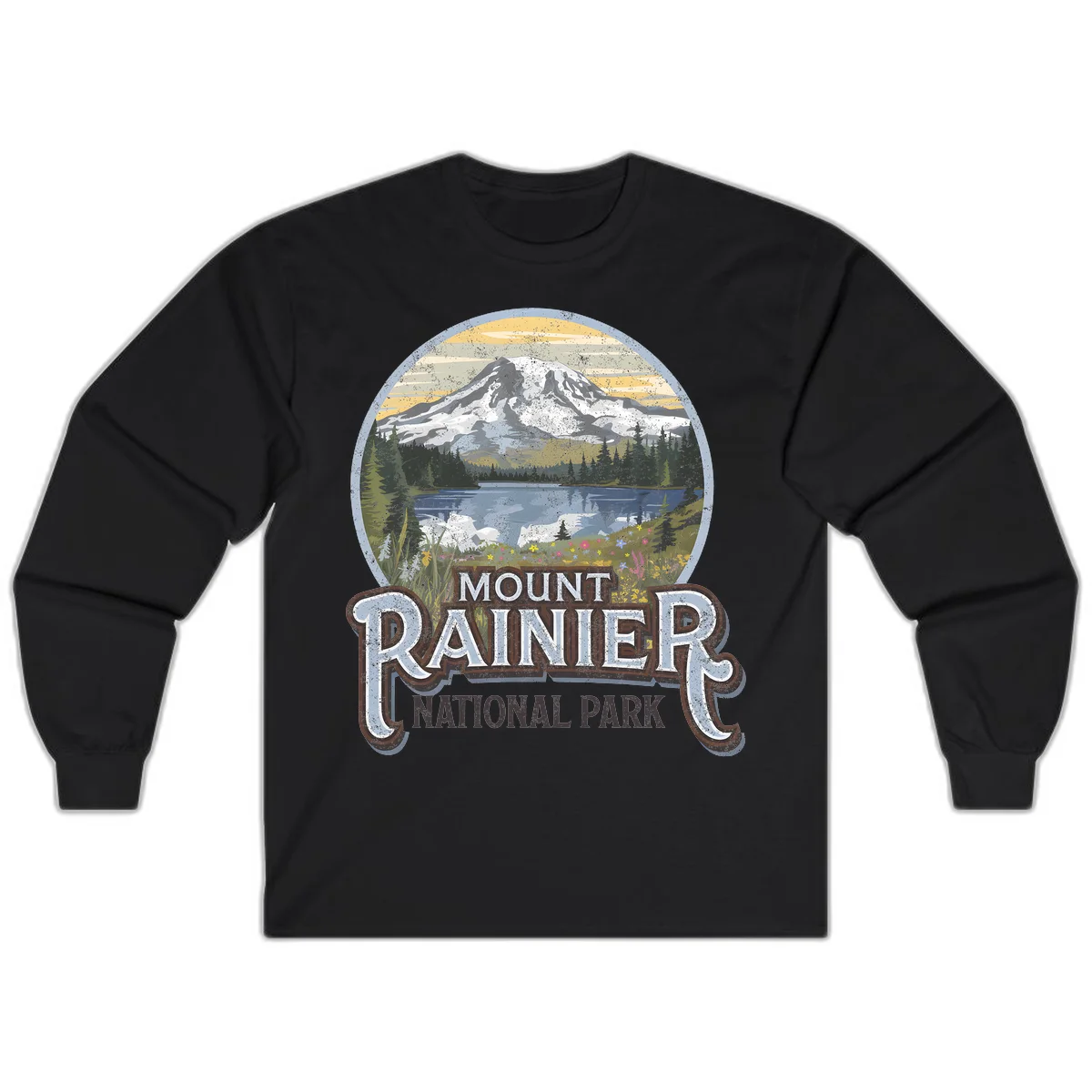 Vintage Mount Rainier National Park badge design with snow-capped peak, alpine lake, evergreen forest, and wildflowers on distressed background in Black