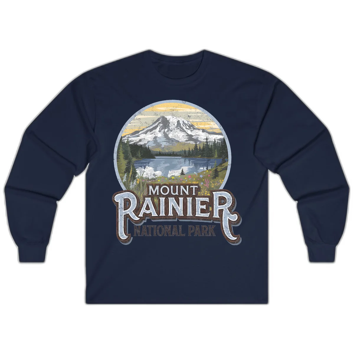Vintage Mount Rainier National Park badge design with snow-capped peak, alpine lake, evergreen forest, and wildflowers on distressed background in Navy