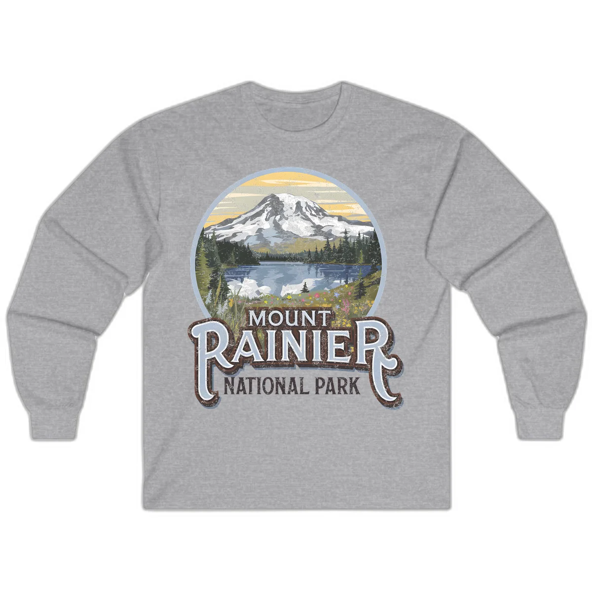 Vintage Mount Rainier National Park badge design with snow-capped peak, alpine lake, evergreen forest, and wildflowers on distressed background in Sport Grey