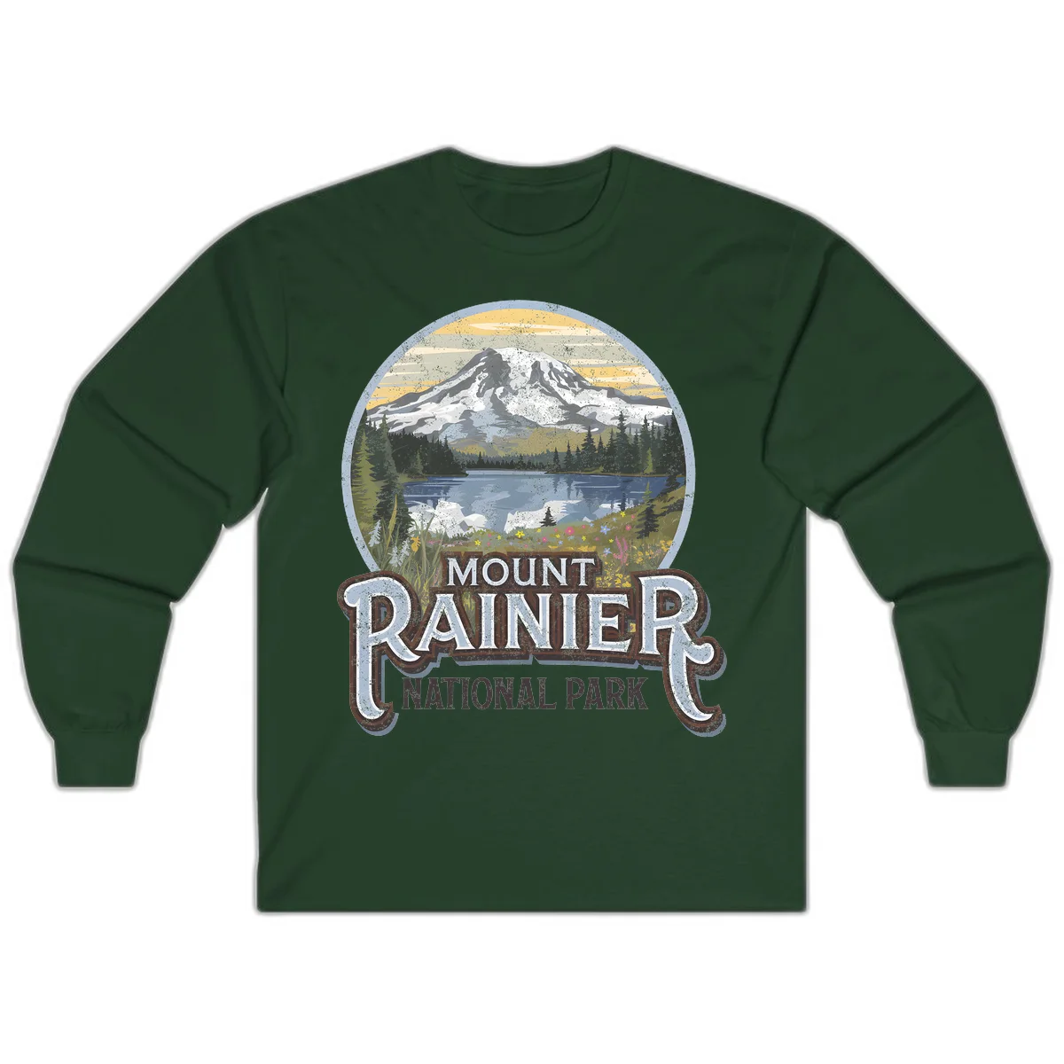 Vintage Mount Rainier National Park badge design with snow-capped peak, alpine lake, evergreen forest, and wildflowers on distressed background in Forest Green