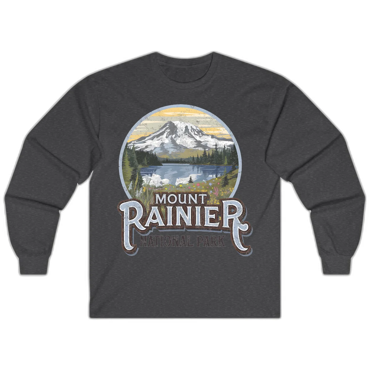 Vintage Mount Rainier National Park badge design with snow-capped peak, alpine lake, evergreen forest, and wildflowers on distressed background in Dark Heather