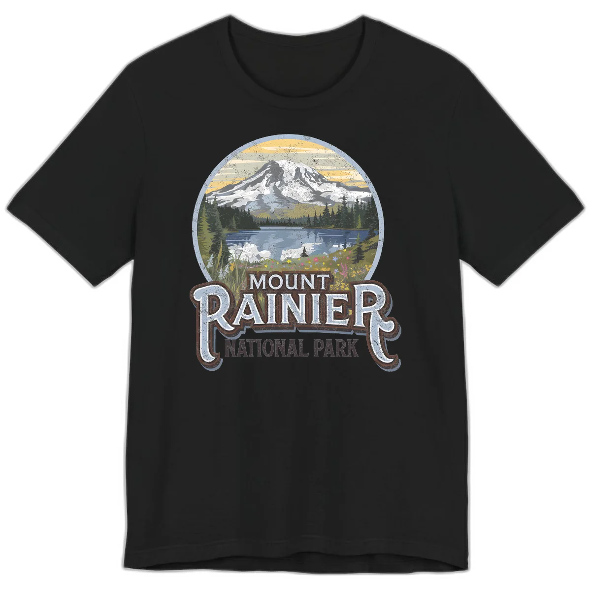 Vintage Mount Rainier National Park badge design with snow-capped peak, alpine lake, evergreen forest, and wildflowers on distressed background in Black