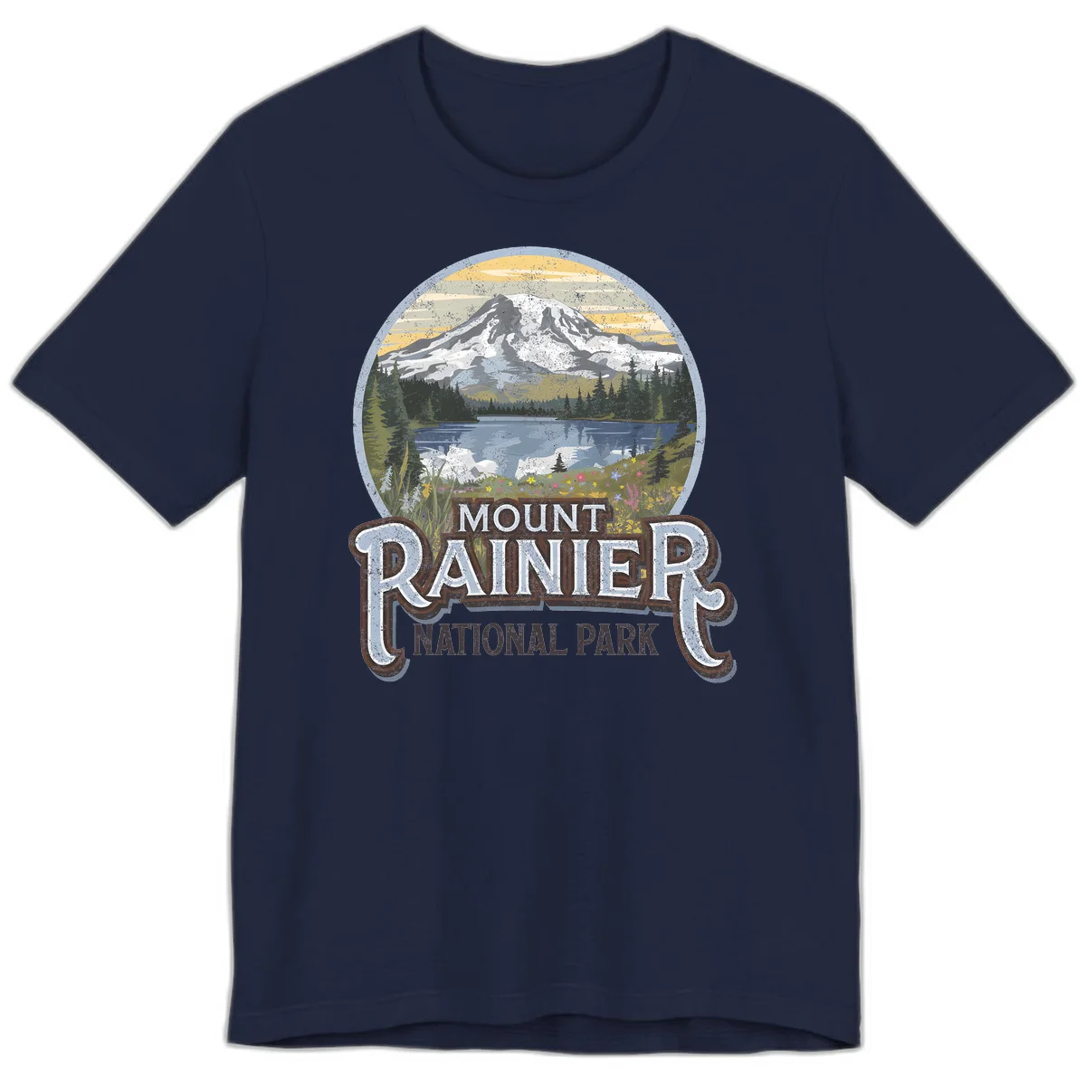 Vintage Mount Rainier National Park badge design with snow-capped peak, alpine lake, evergreen forest, and wildflowers on distressed background in Navy