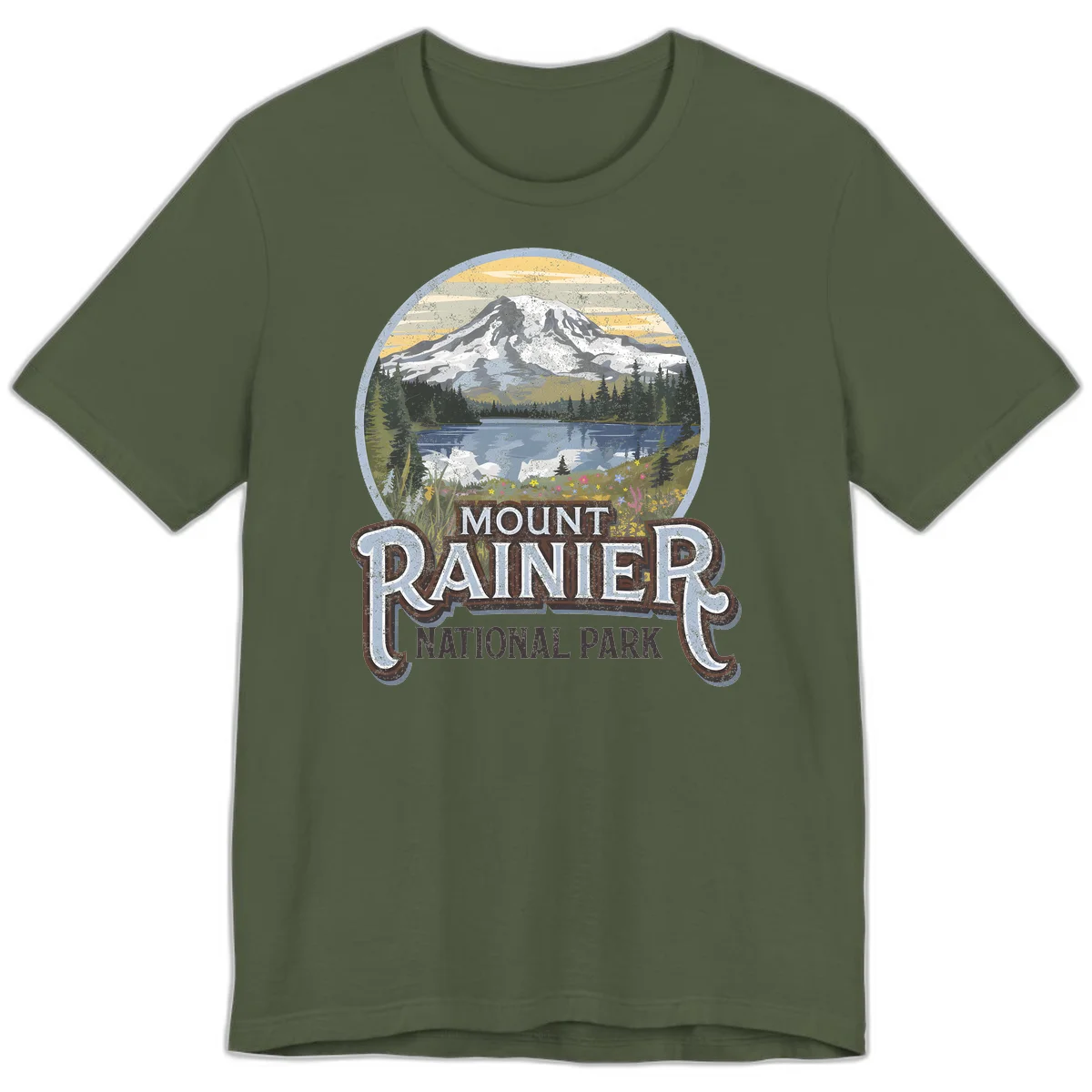 Vintage Mount Rainier National Park badge design with snow-capped peak, alpine lake, evergreen forest, and wildflowers on distressed background in Military Green