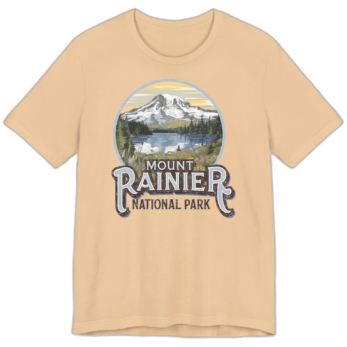 Vintage Mount Rainier National Park badge design with snow-capped peak, alpine lake, evergreen forest, and wildflowers on distressed background in Sand Dune