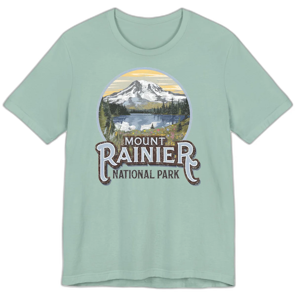 Vintage Mount Rainier National Park badge design with snow-capped peak, alpine lake, evergreen forest, and wildflowers on distressed background in Dusty Blue