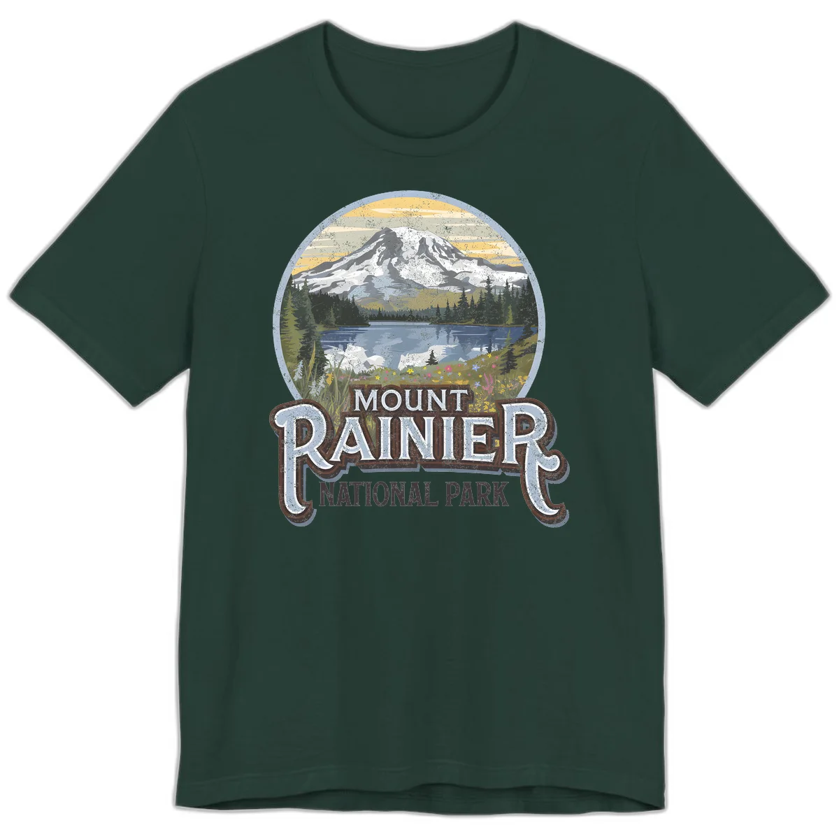 Vintage Mount Rainier National Park badge design with snow-capped peak, alpine lake, evergreen forest, and wildflowers on distressed background in Forest