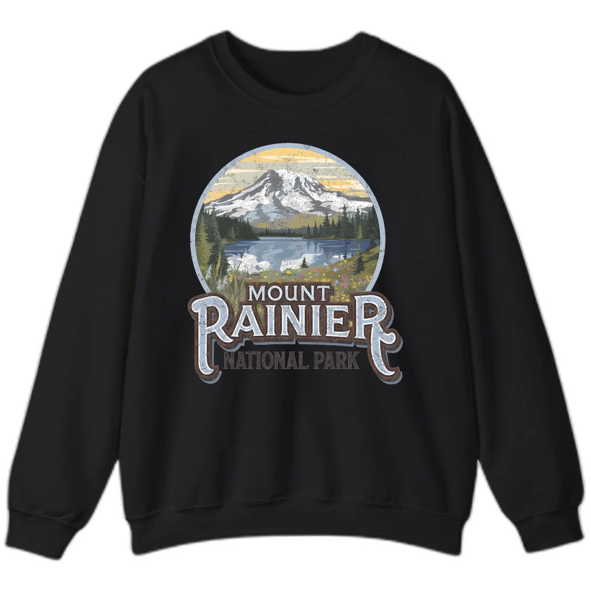 Vintage Mount Rainier National Park badge design with snow-capped peak, alpine lake, evergreen forest, and wildflowers on distressed background in Black