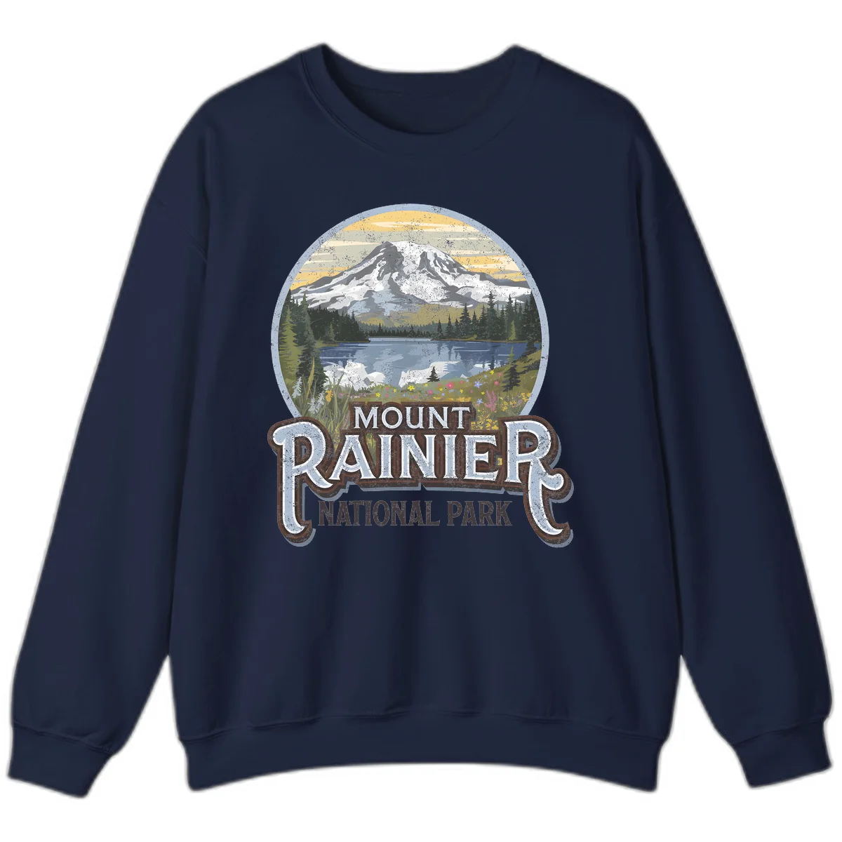 Vintage Mount Rainier National Park badge design with snow-capped peak, alpine lake, evergreen forest, and wildflowers on distressed background in Navy