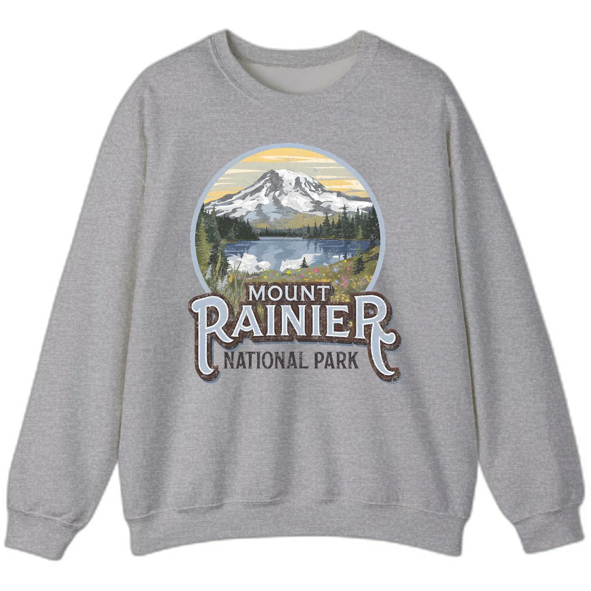 Vintage Mount Rainier National Park badge design with snow-capped peak, alpine lake, evergreen forest, and wildflowers on distressed background in Sport Grey