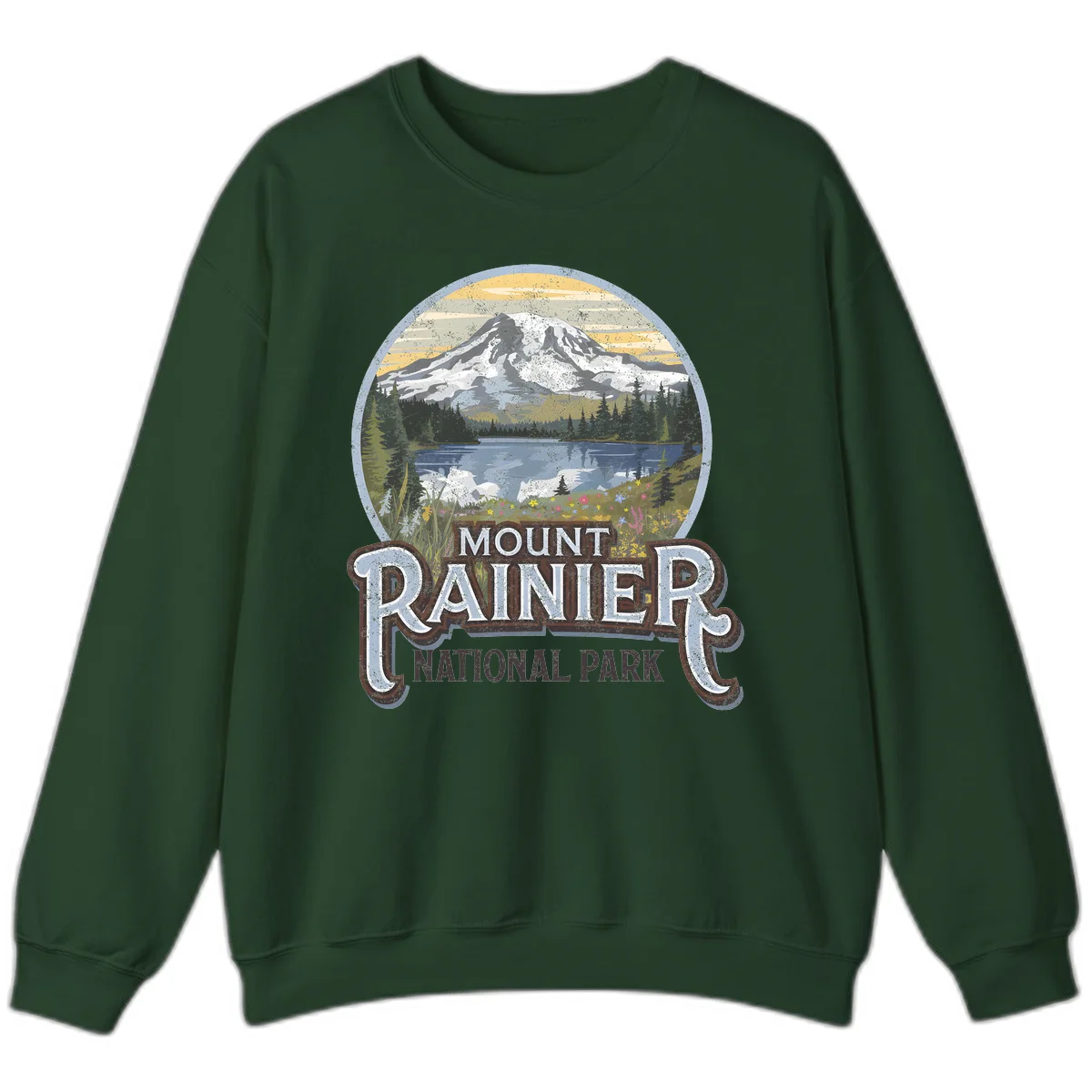 Vintage Mount Rainier National Park badge design with snow-capped peak, alpine lake, evergreen forest, and wildflowers on distressed background in Forest Green