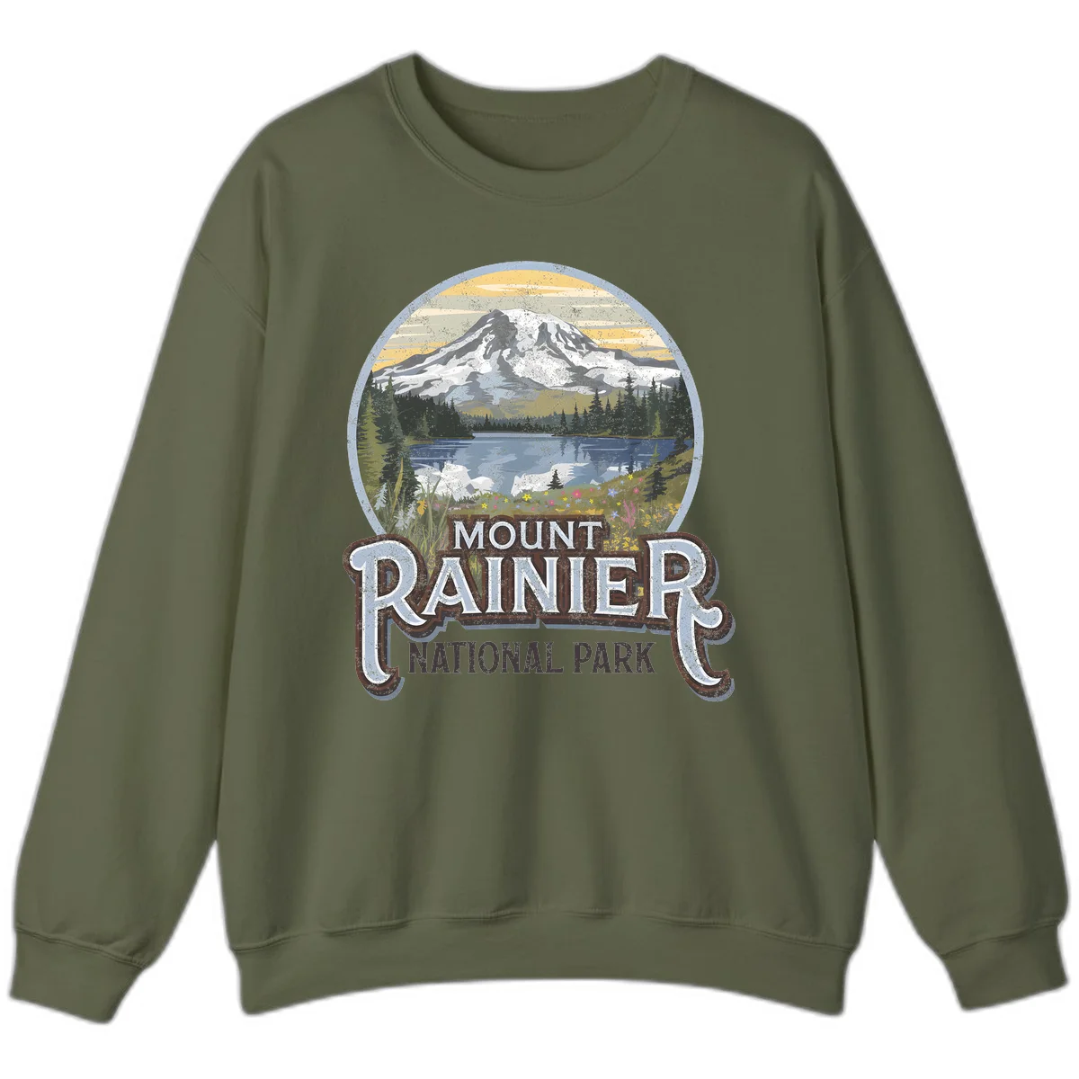 Vintage Mount Rainier National Park badge design with snow-capped peak, alpine lake, evergreen forest, and wildflowers on distressed background in Military Green