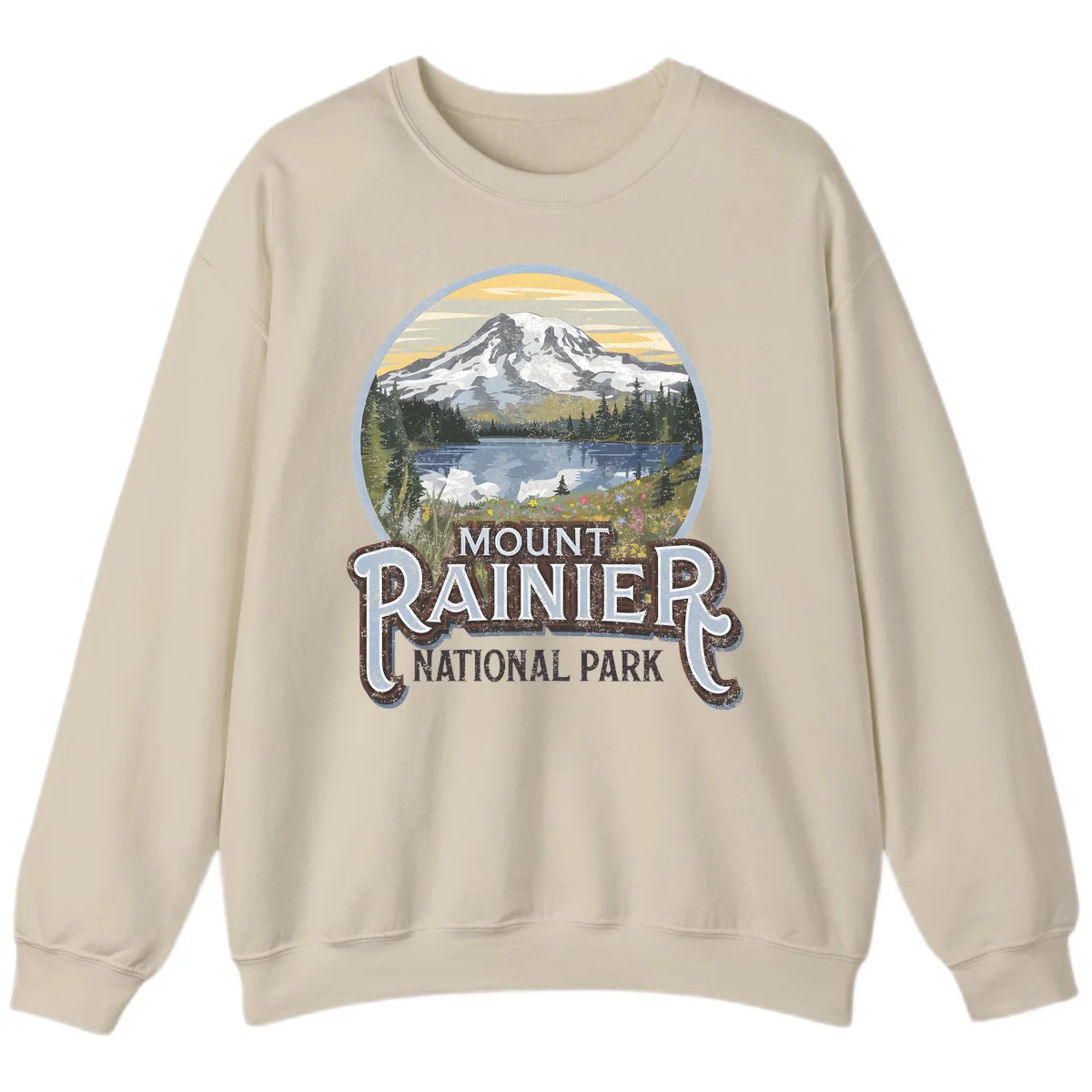 Vintage Mount Rainier National Park badge design with snow-capped peak, alpine lake, evergreen forest, and wildflowers on distressed background in Sand