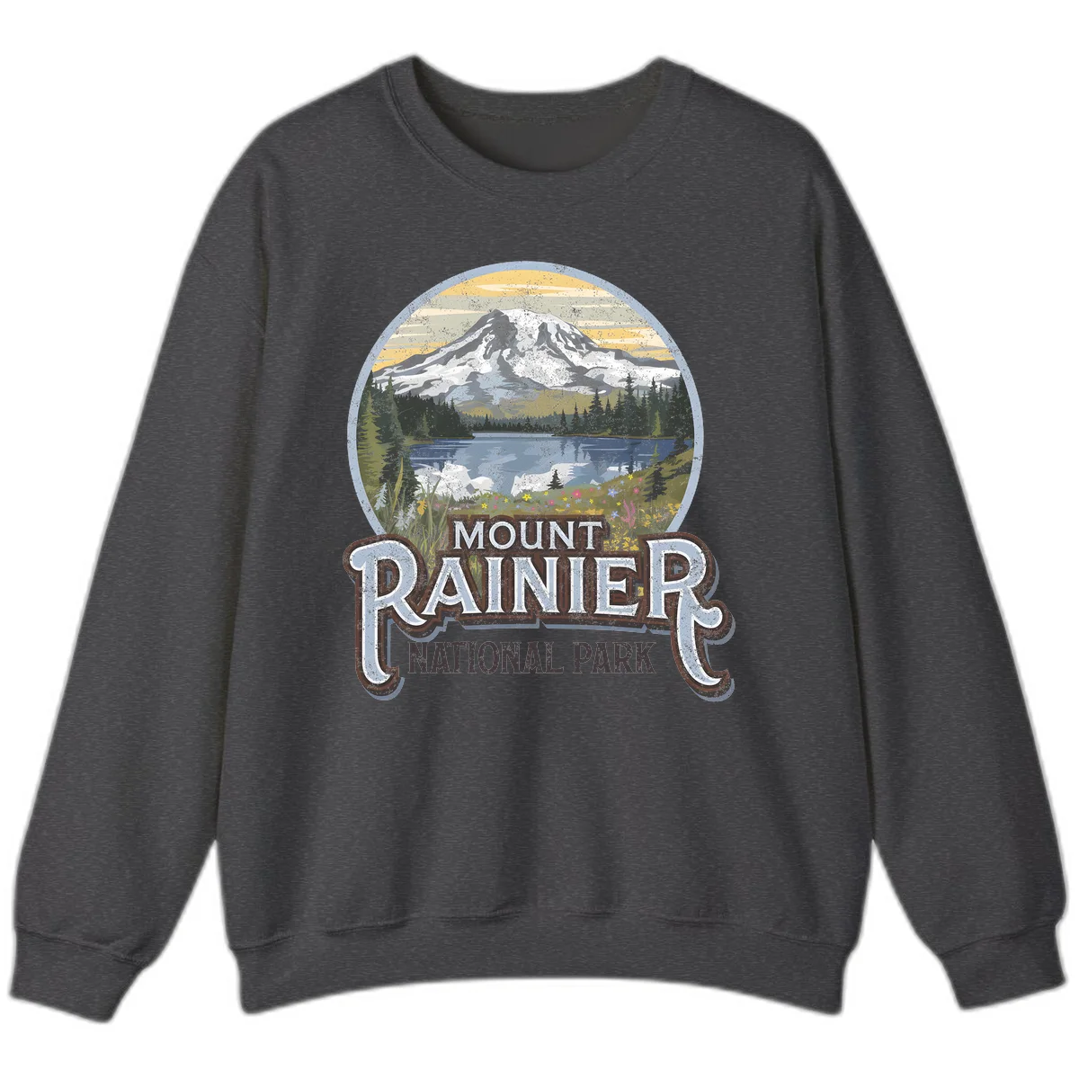 Vintage Mount Rainier National Park badge design with snow-capped peak, alpine lake, evergreen forest, and wildflowers on distressed background in Dark Heather