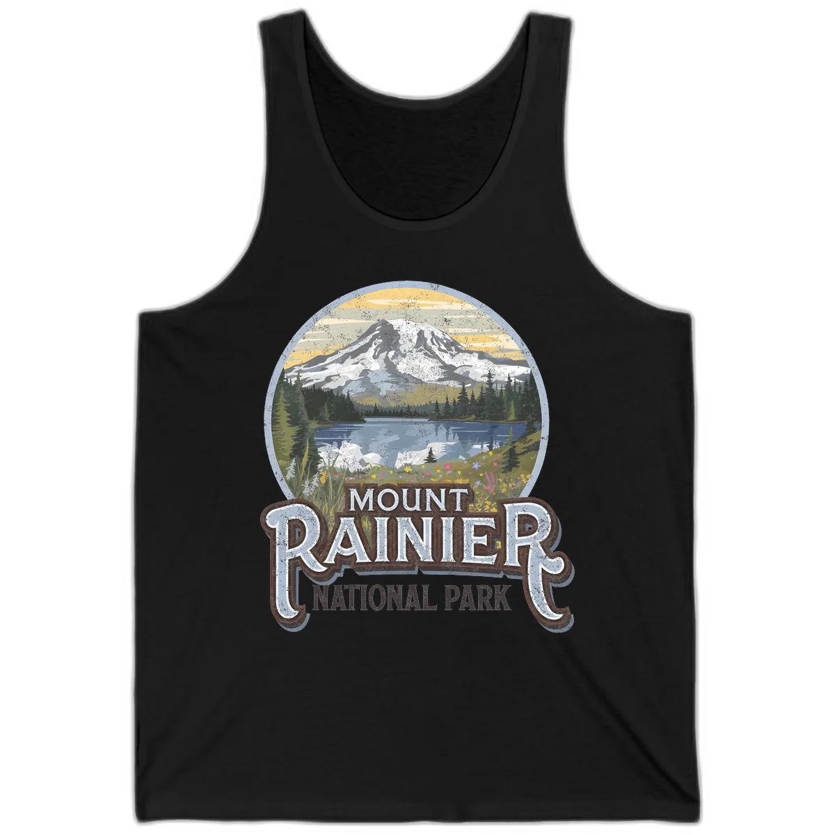 Vintage Mount Rainier National Park badge design with snow-capped peak, alpine lake, evergreen forest, and wildflowers on distressed background in Black