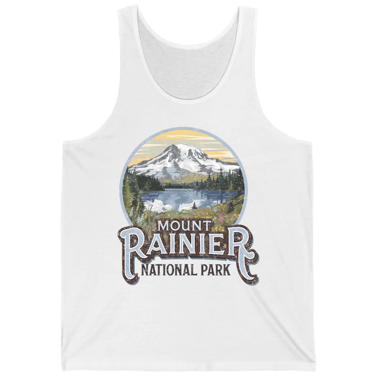 Vintage Mount Rainier National Park badge design with snow-capped peak, alpine lake, evergreen forest, and wildflowers on distressed background in White