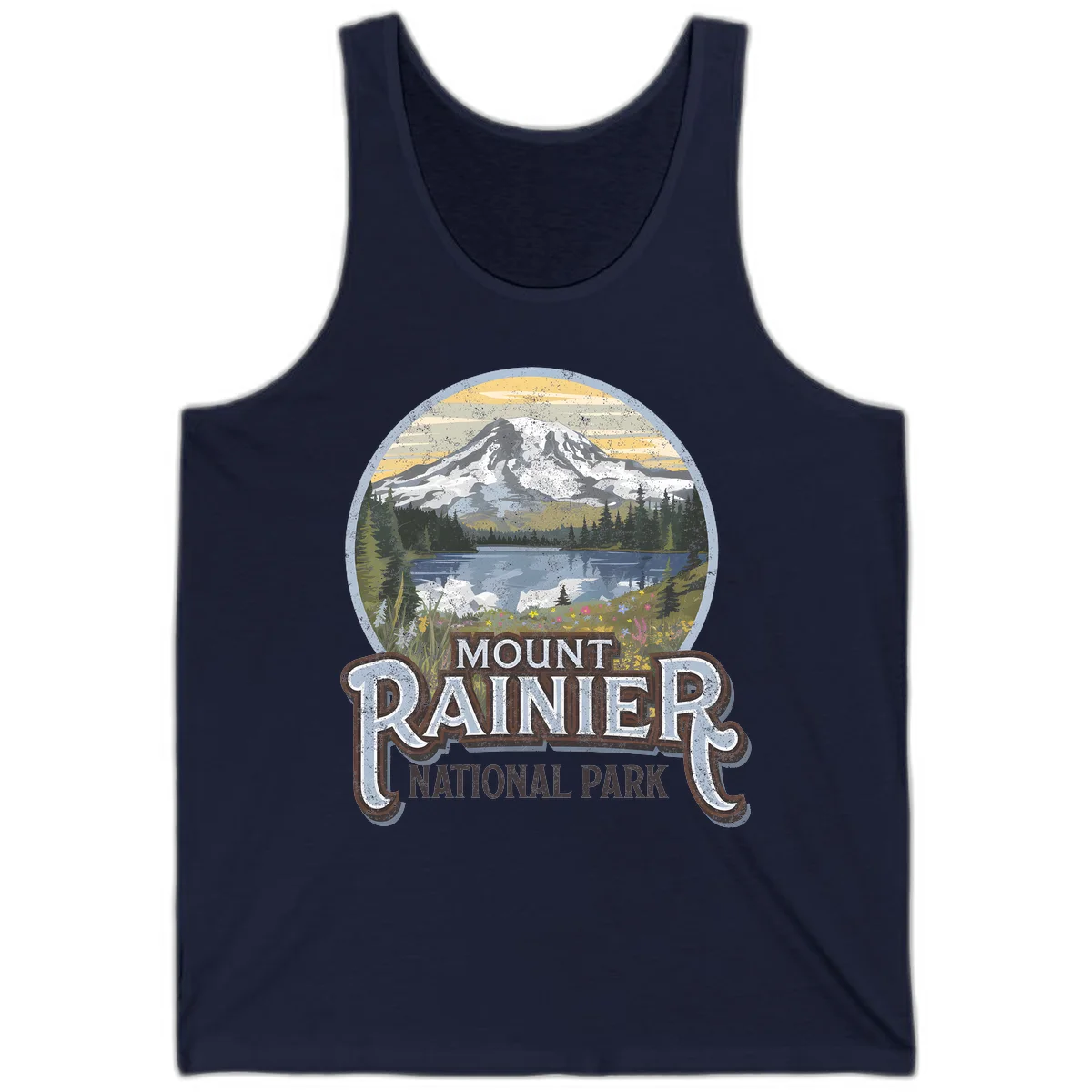 Vintage Mount Rainier National Park badge design with snow-capped peak, alpine lake, evergreen forest, and wildflowers on distressed background in Navy