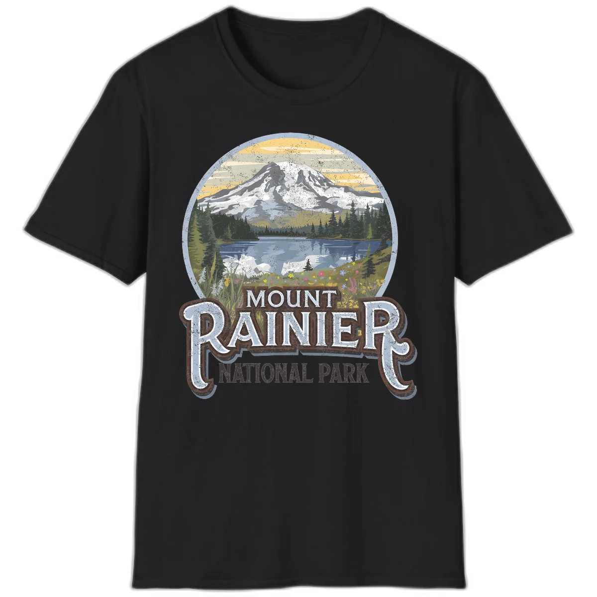 Vintage Mount Rainier National Park badge design with snow-capped peak, alpine lake, evergreen forest, and wildflowers on distressed background in Black