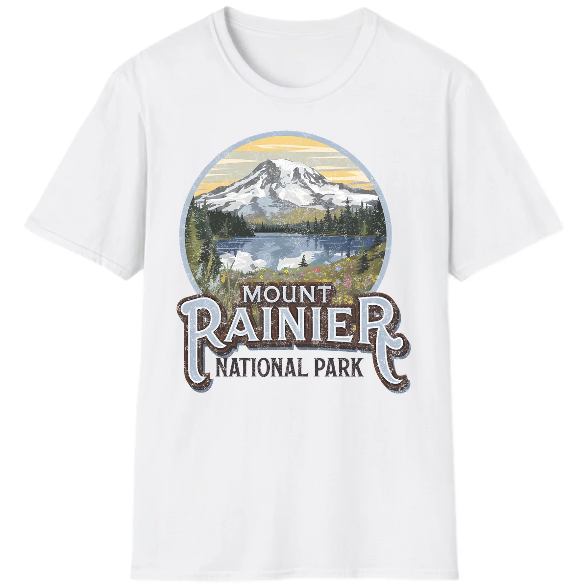 Vintage Mount Rainier National Park badge design with snow-capped peak, alpine lake, evergreen forest, and wildflowers on distressed background in White