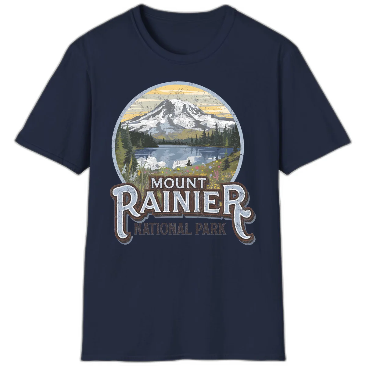 Vintage Mount Rainier National Park badge design with snow-capped peak, alpine lake, evergreen forest, and wildflowers on distressed background in Navy
