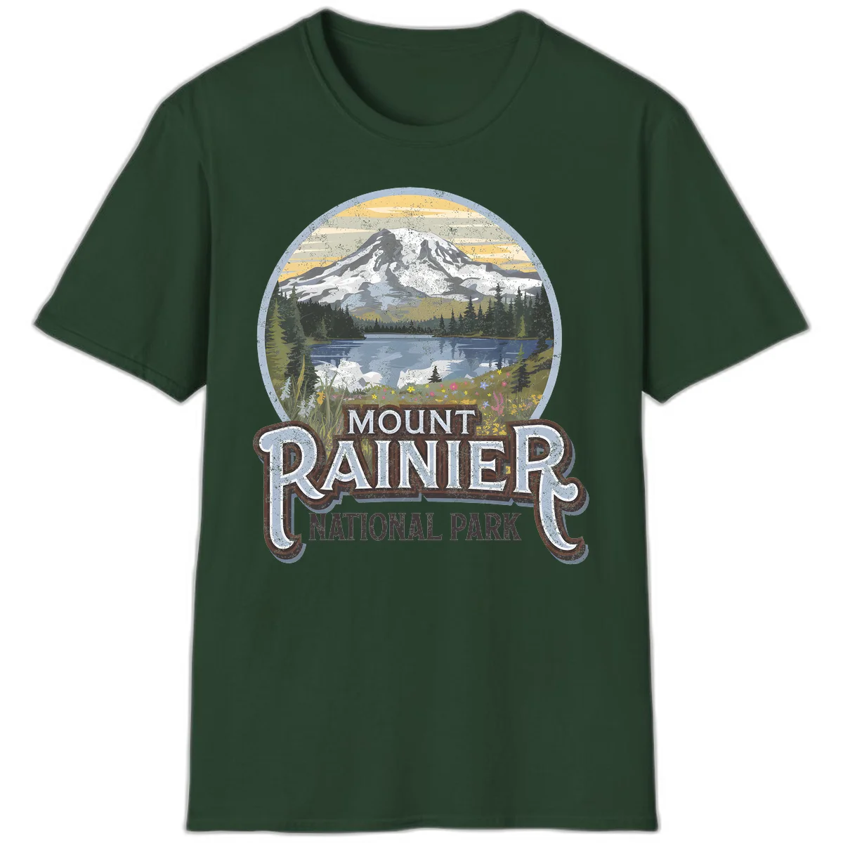 Vintage Mount Rainier National Park badge design with snow-capped peak, alpine lake, evergreen forest, and wildflowers on distressed background in Forest Green