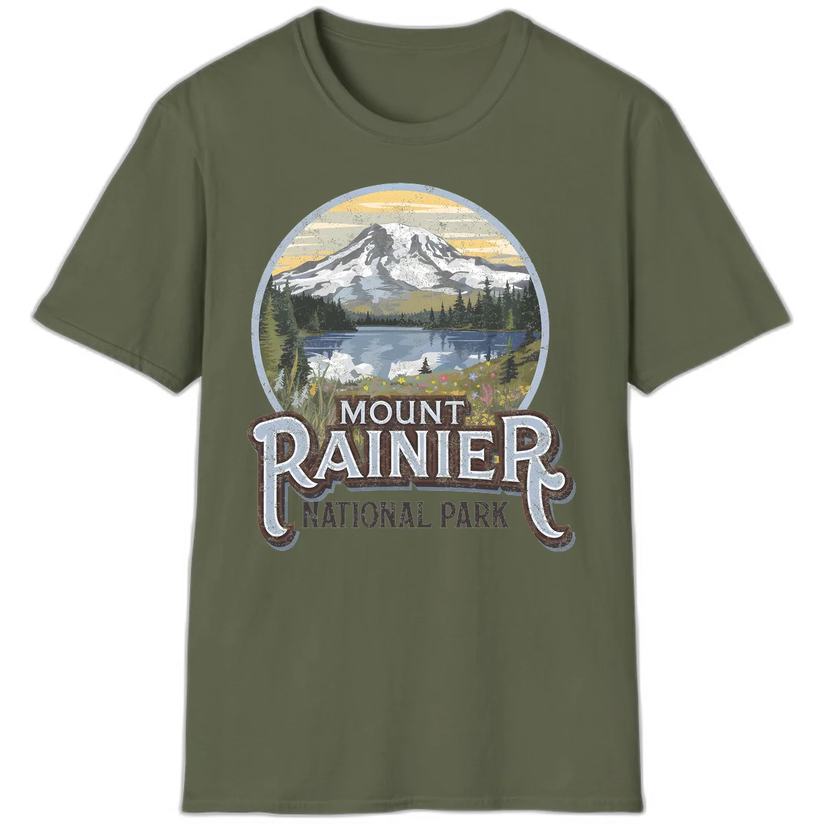 Vintage Mount Rainier National Park badge design with snow-capped peak, alpine lake, evergreen forest, and wildflowers on distressed background in Military Green