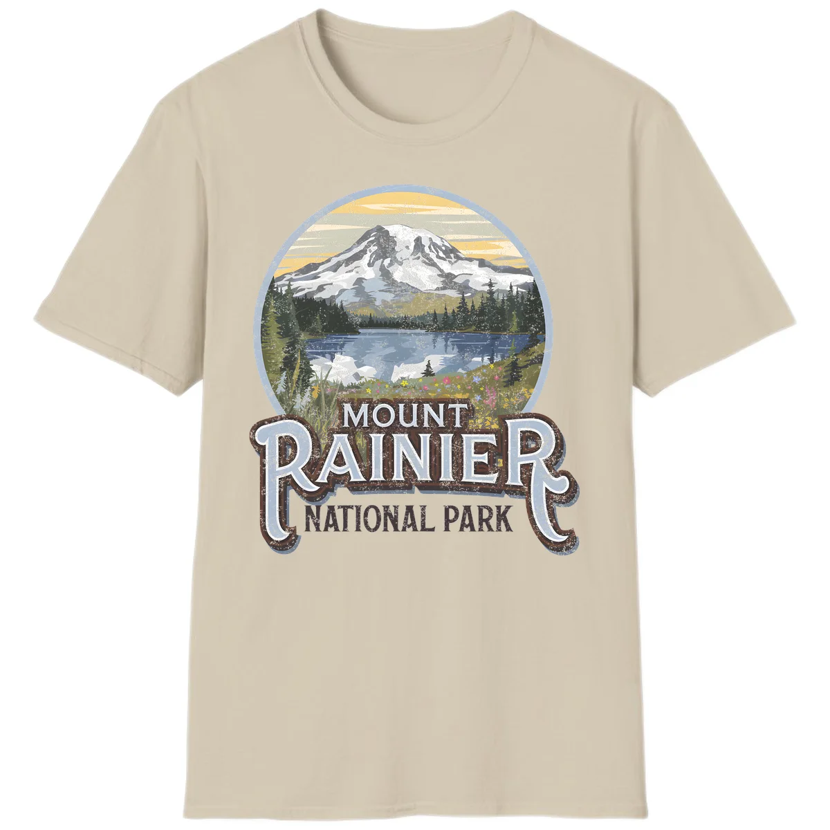 Vintage Mount Rainier National Park badge design with snow-capped peak, alpine lake, evergreen forest, and wildflowers on distressed background in Sand
