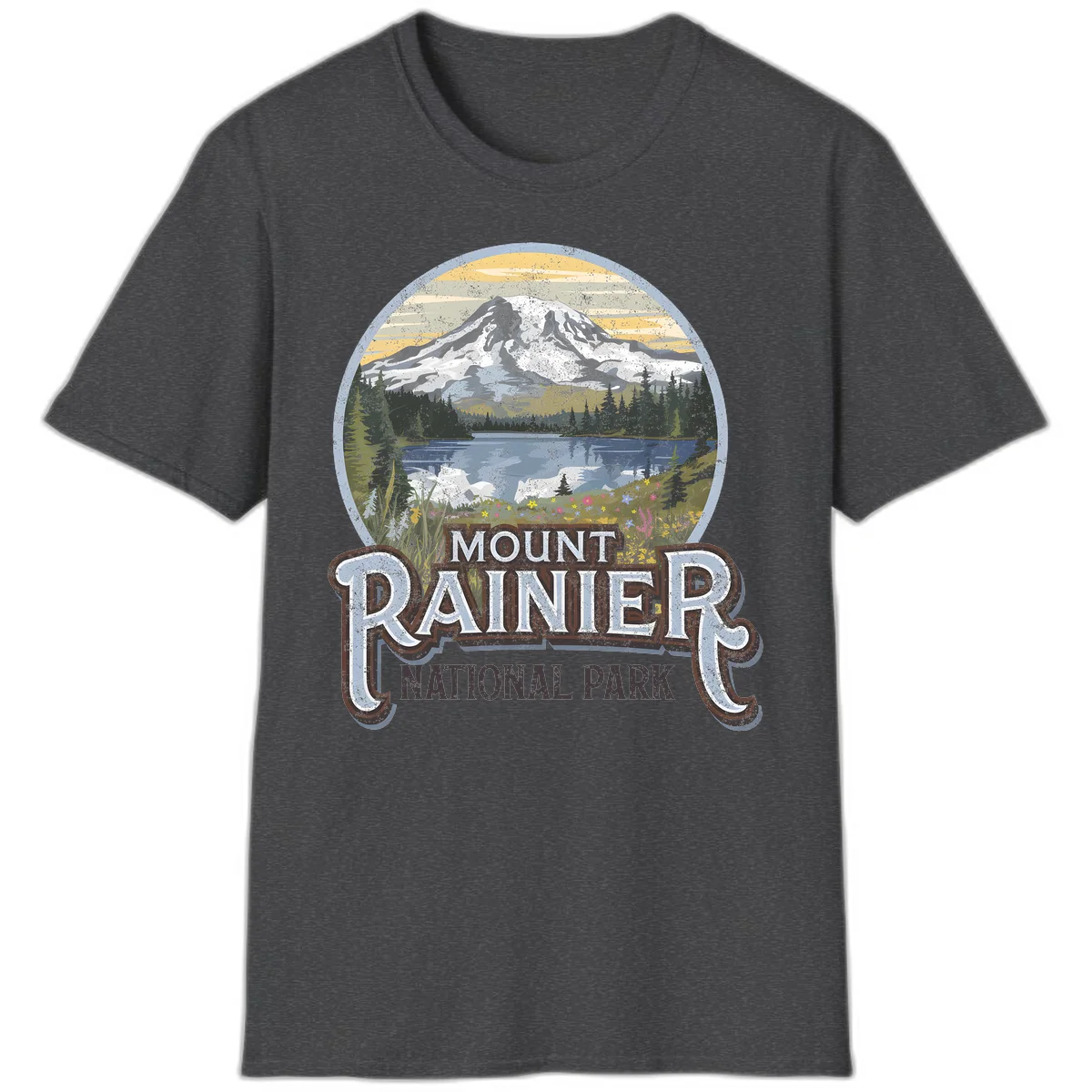 Vintage Mount Rainier National Park badge design with snow-capped peak, alpine lake, evergreen forest, and wildflowers on distressed background in Dark Heather