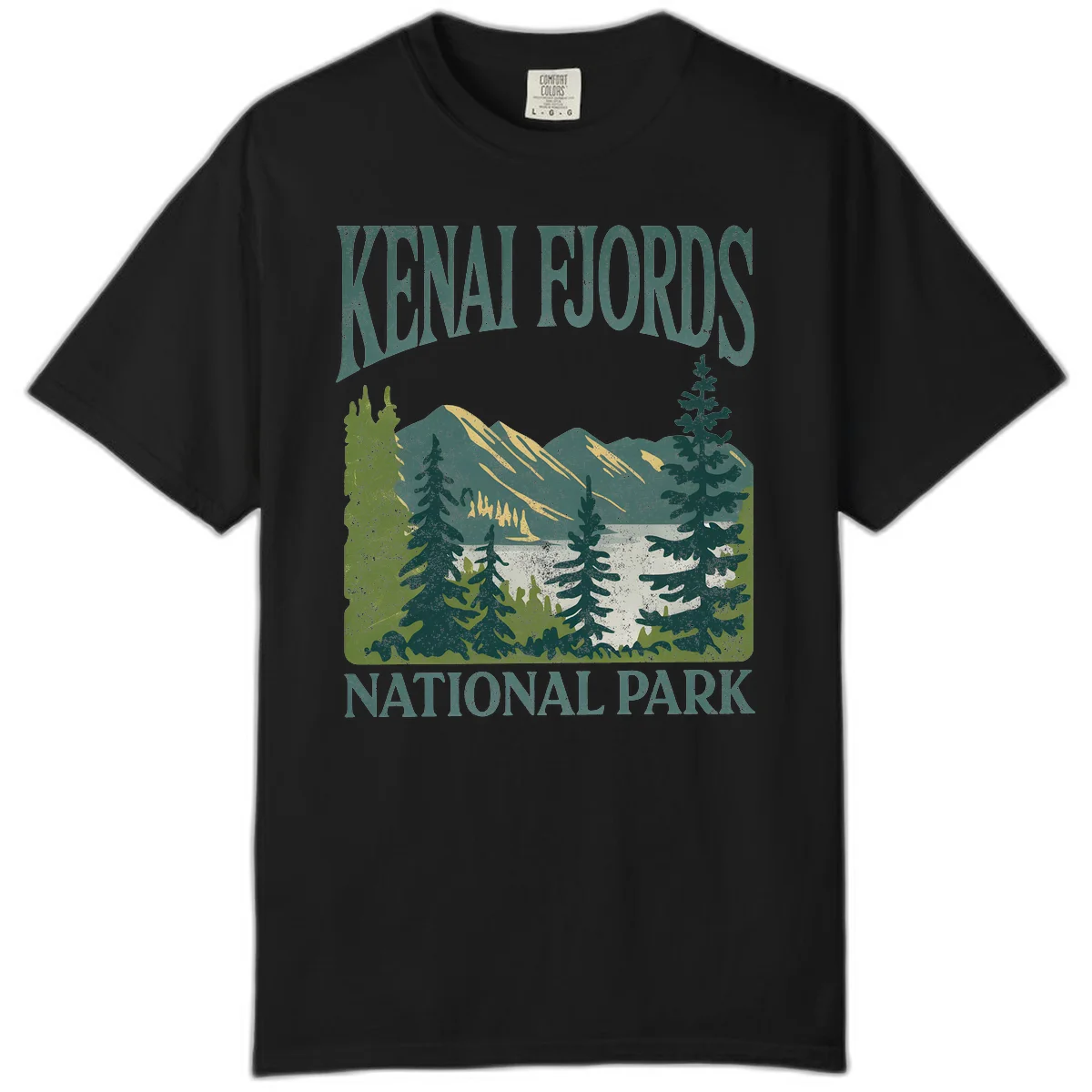 Vintage-style Kenai Fjords National Park poster art with snow-capped mountains, evergreen forests, and glacier landscape in teal and cream colors in Black
