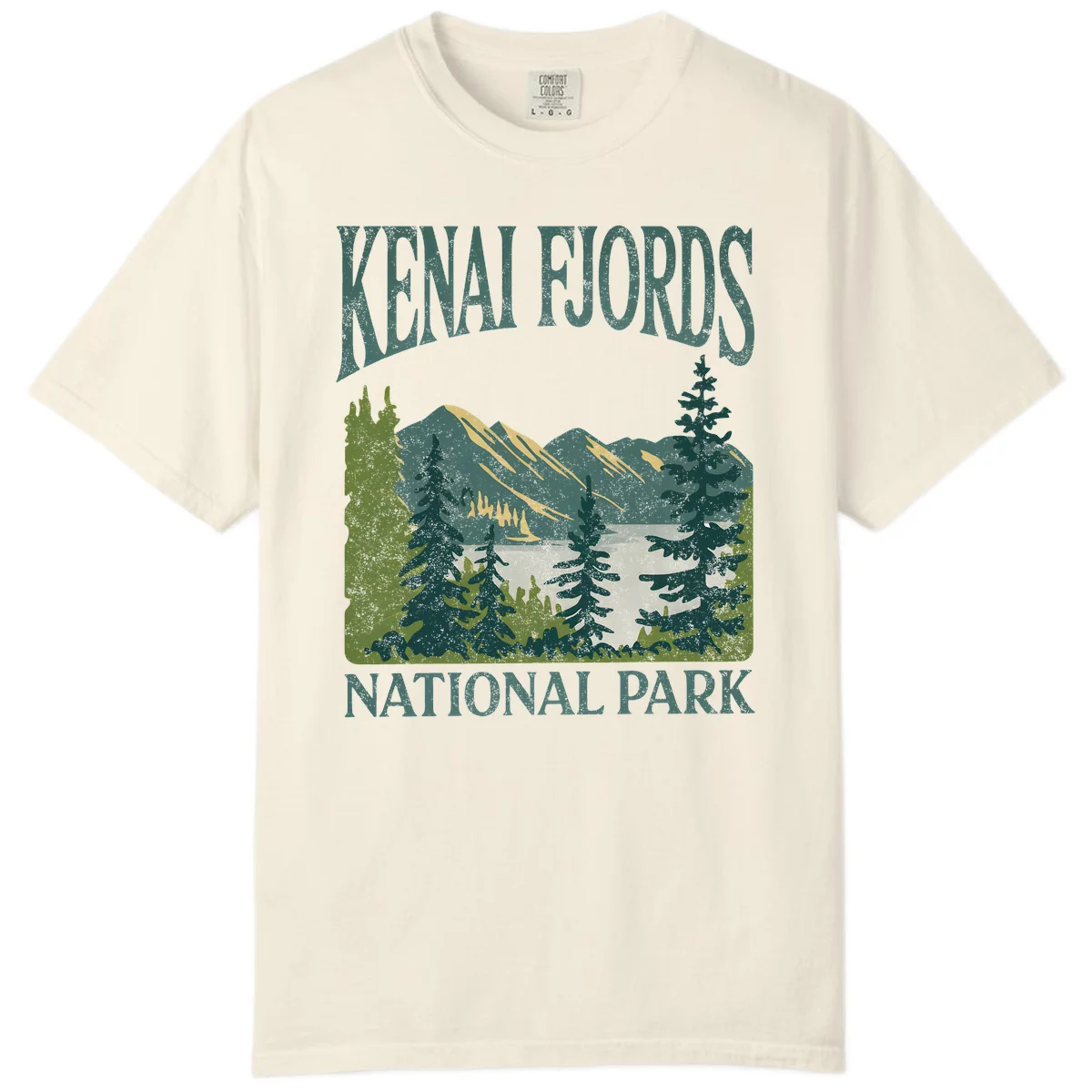 Vintage-style Kenai Fjords National Park poster art with snow-capped mountains, evergreen forests, and glacier landscape in teal and cream colors in Ivory