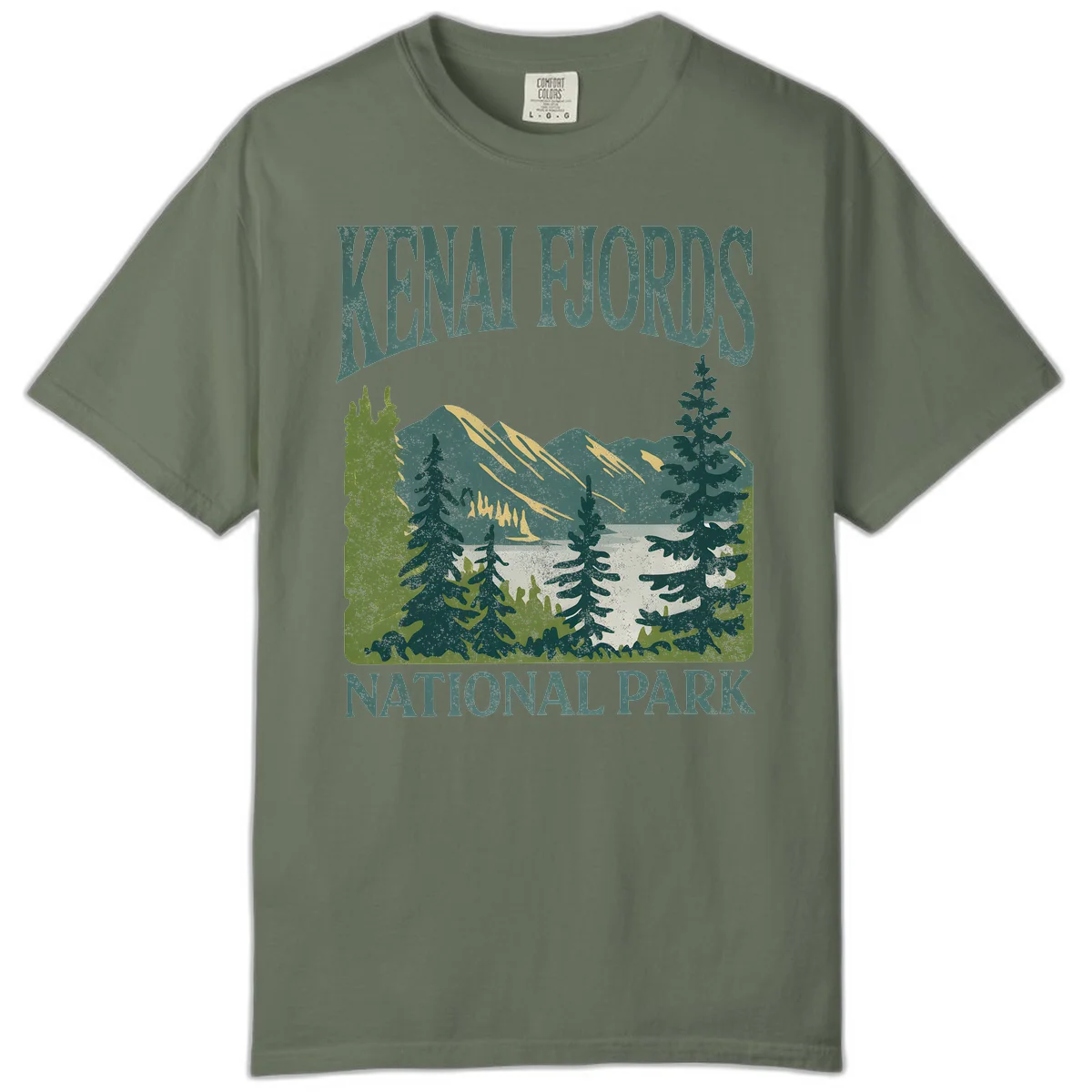 Vintage-style Kenai Fjords National Park poster art with snow-capped mountains, evergreen forests, and glacier landscape in teal and cream colors in Moss