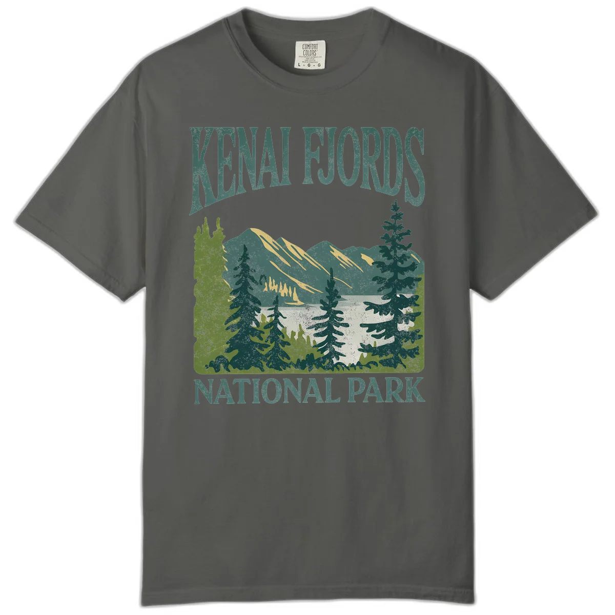 Vintage-style Kenai Fjords National Park poster art with snow-capped mountains, evergreen forests, and glacier landscape in teal and cream colors in Pepper