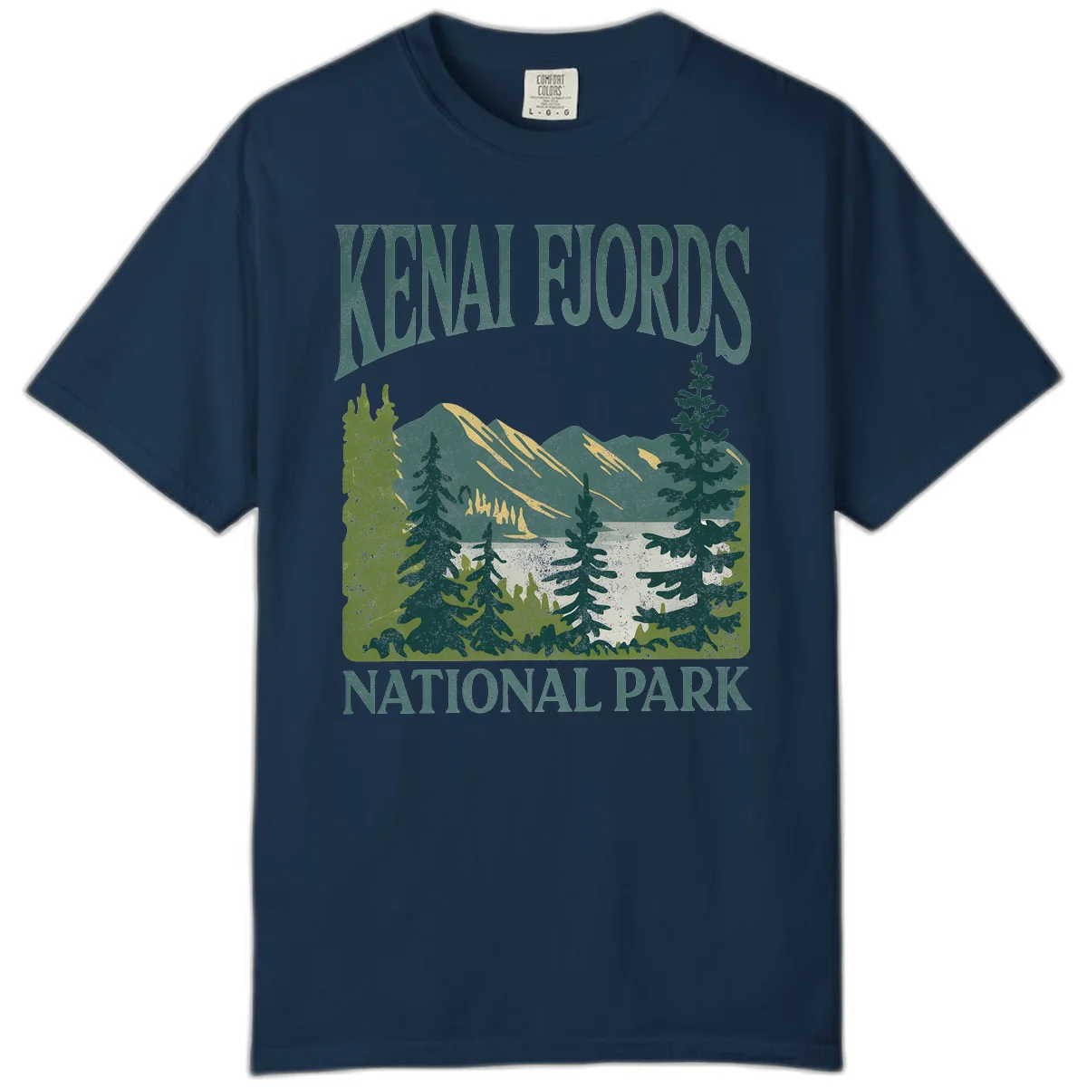 Vintage-style Kenai Fjords National Park poster art with snow-capped mountains, evergreen forests, and glacier landscape in teal and cream colors in True Navy