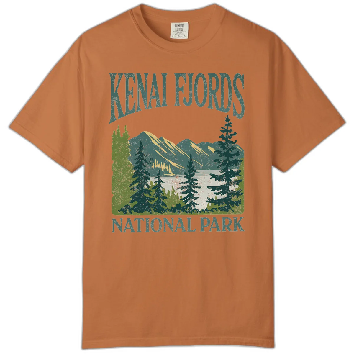 Vintage-style Kenai Fjords National Park poster art with snow-capped mountains, evergreen forests, and glacier landscape in teal and cream colors in Yam