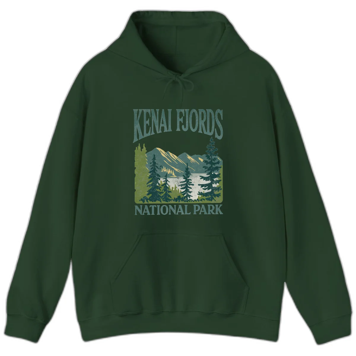 Vintage-style Kenai Fjords National Park poster art with snow-capped mountains, evergreen forests, and glacier landscape in teal and cream colors in Forest Green