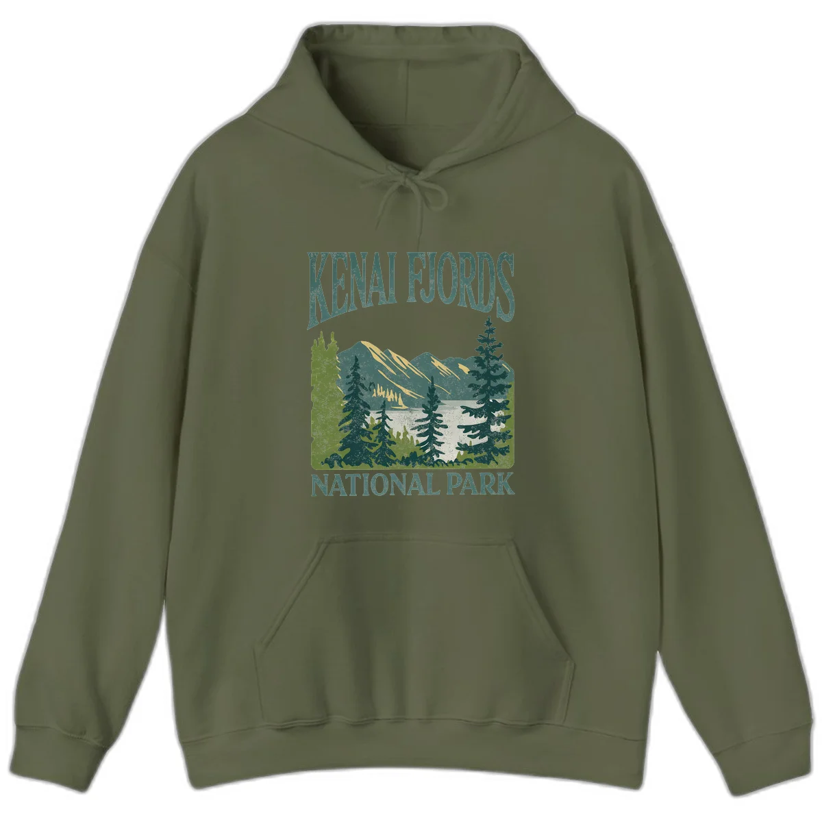 Vintage-style Kenai Fjords National Park poster art with snow-capped mountains, evergreen forests, and glacier landscape in teal and cream colors in Military Green