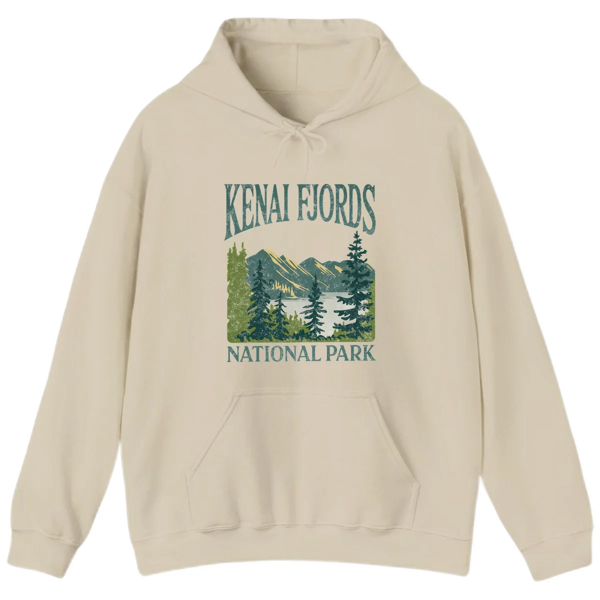 Vintage-style Kenai Fjords National Park poster art with snow-capped mountains, evergreen forests, and glacier landscape in teal and cream colors in Sand