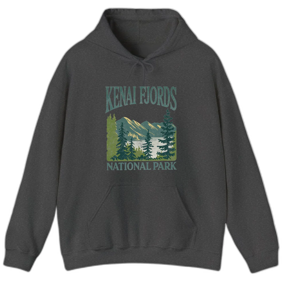 Vintage-style Kenai Fjords National Park poster art with snow-capped mountains, evergreen forests, and glacier landscape in teal and cream colors in Dark Heather