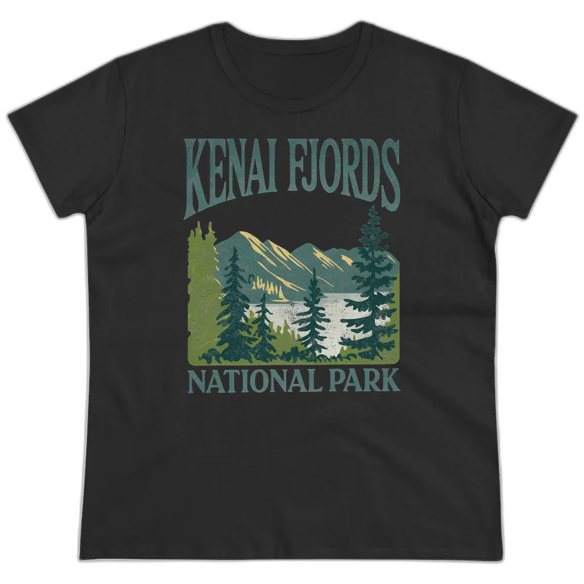 Vintage-style Kenai Fjords National Park poster art with snow-capped mountains, evergreen forests, and glacier landscape in teal and cream colors in Black