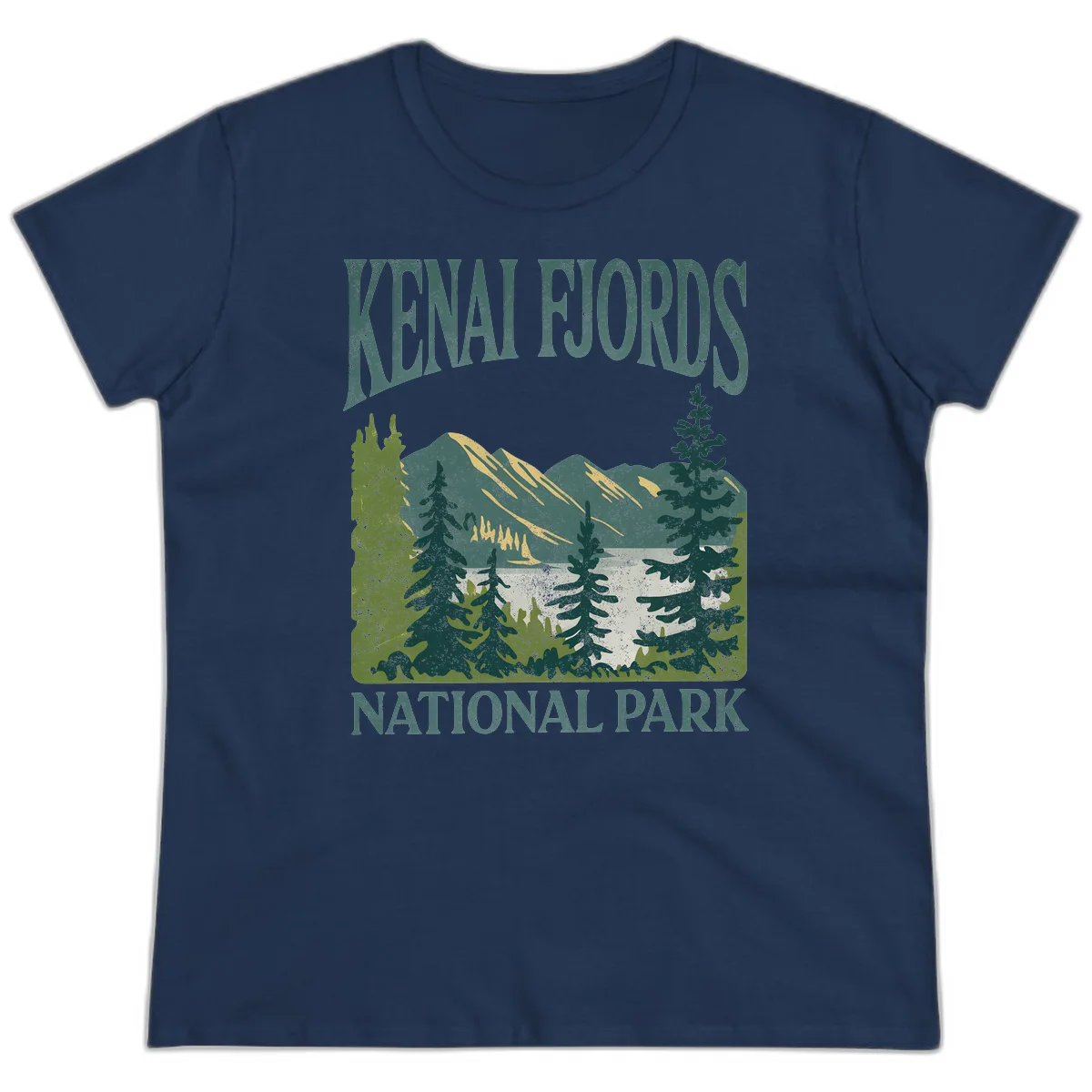 Vintage-style Kenai Fjords National Park poster art with snow-capped mountains, evergreen forests, and glacier landscape in teal and cream colors in Navy