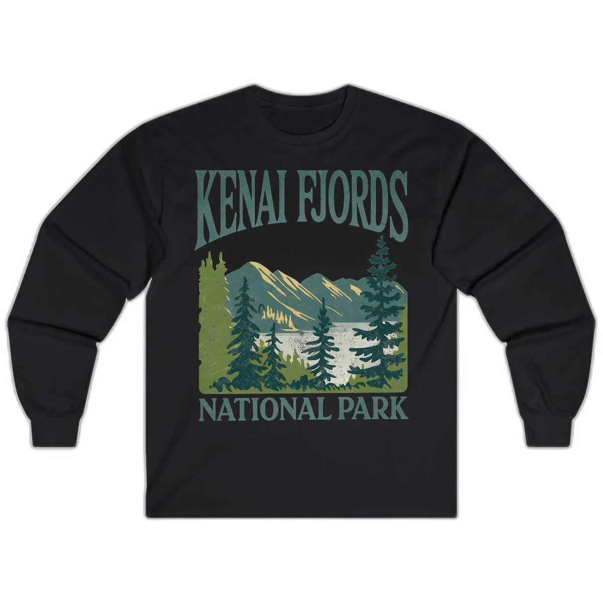 Vintage-style Kenai Fjords National Park poster art with snow-capped mountains, evergreen forests, and glacier landscape in teal and cream colors in Black