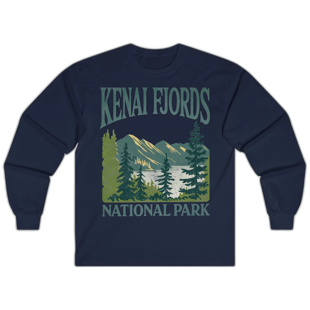 Vintage-style Kenai Fjords National Park poster art with snow-capped mountains, evergreen forests, and glacier landscape in teal and cream colors in Navy