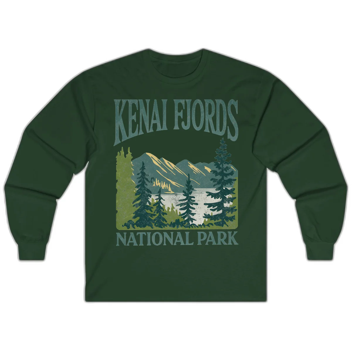 Vintage-style Kenai Fjords National Park poster art with snow-capped mountains, evergreen forests, and glacier landscape in teal and cream colors in Forest Green