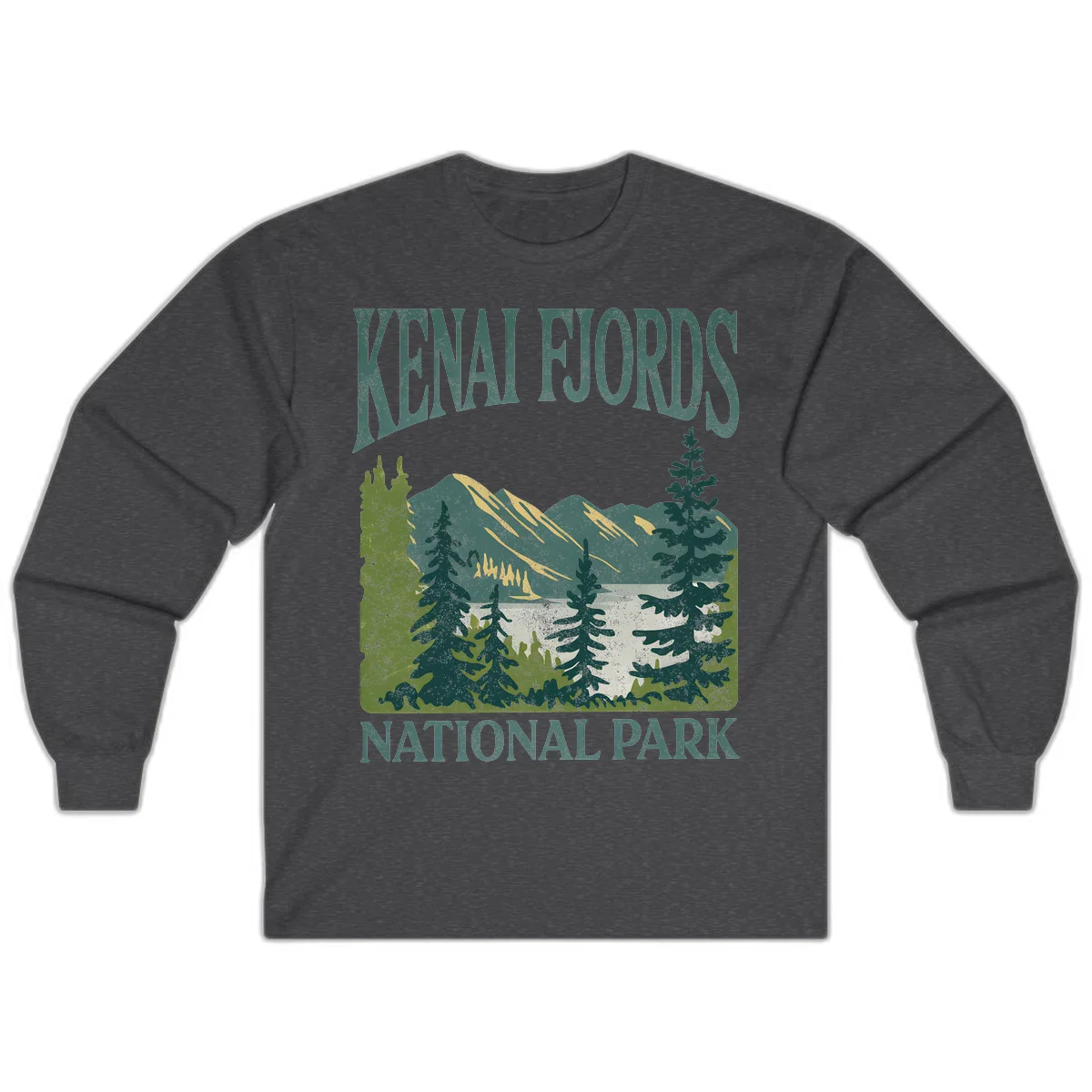 Vintage-style Kenai Fjords National Park poster art with snow-capped mountains, evergreen forests, and glacier landscape in teal and cream colors in Dark Heather